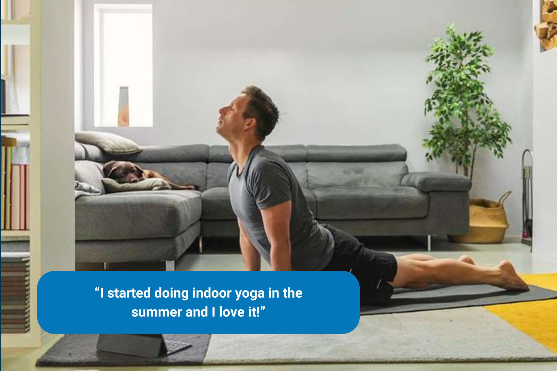Man practicing yoga indoors living room