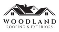 Woodland Roofing & Exteriors logo: stylized black house silhouette with text below.