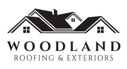 A black and white logo for woodland roofing and exteriors.