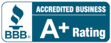 A blue sign that says accredited business a + rating