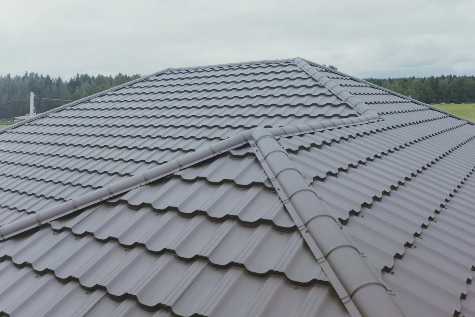 A close-up, high-angle view of a dark brown metal tile roof with ridge caps, set against a blurred landscape background.