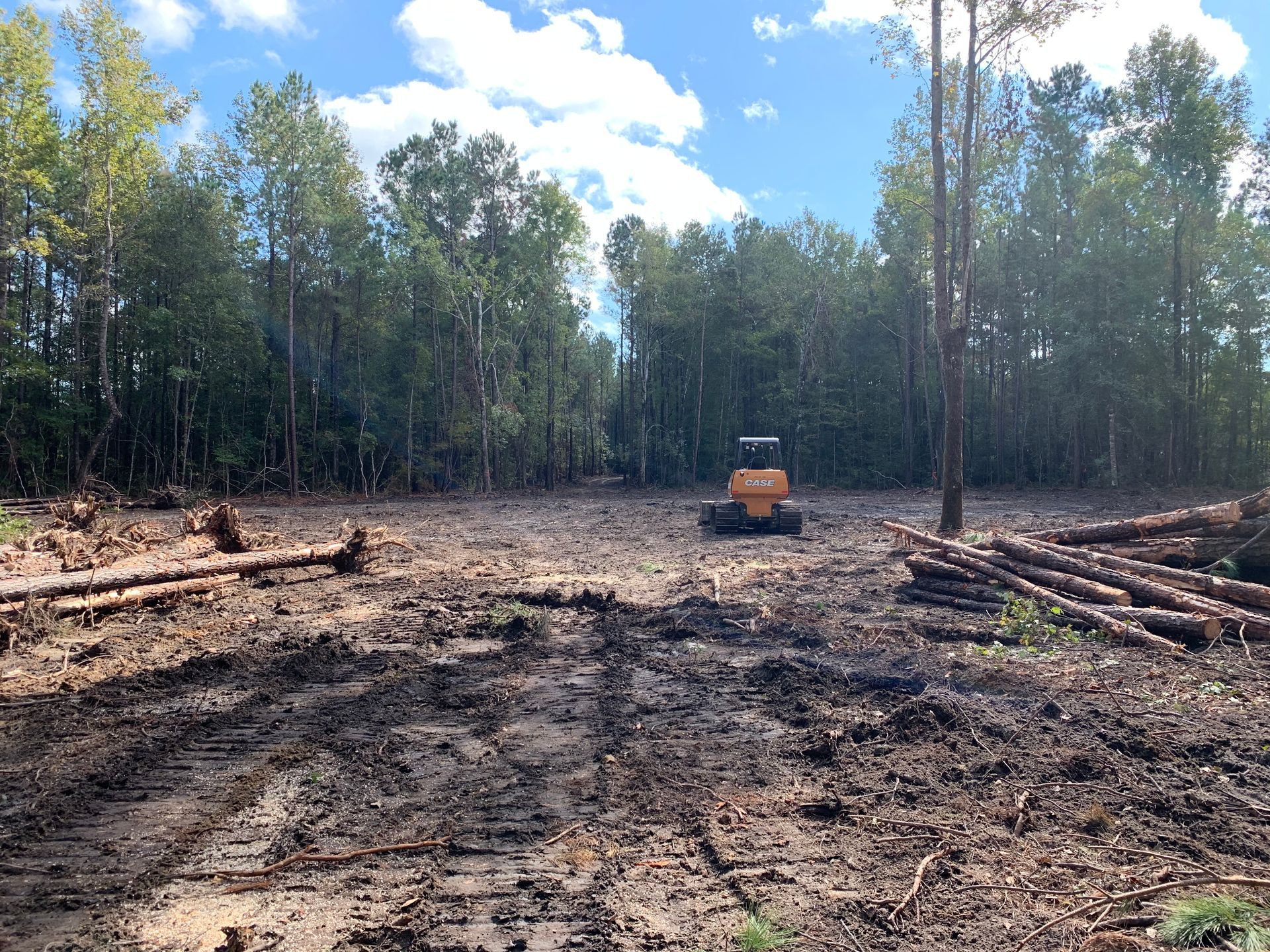 A large excavator is sitting in the middle of a dirt field surrounded by trees.