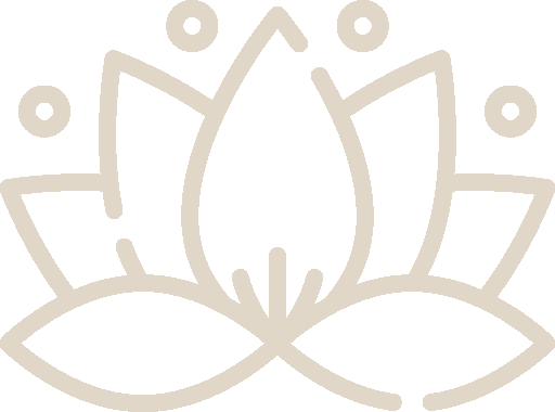 A line drawing of a lotus flower with leaves on a white background.