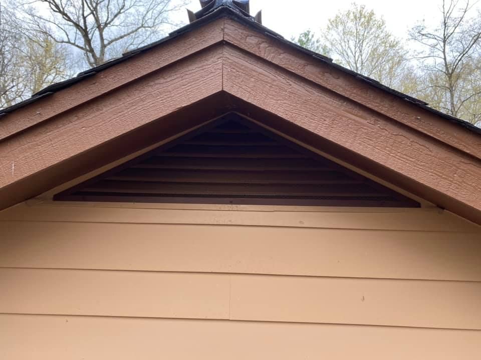 A close up of the roof of a house with trees in the background.
