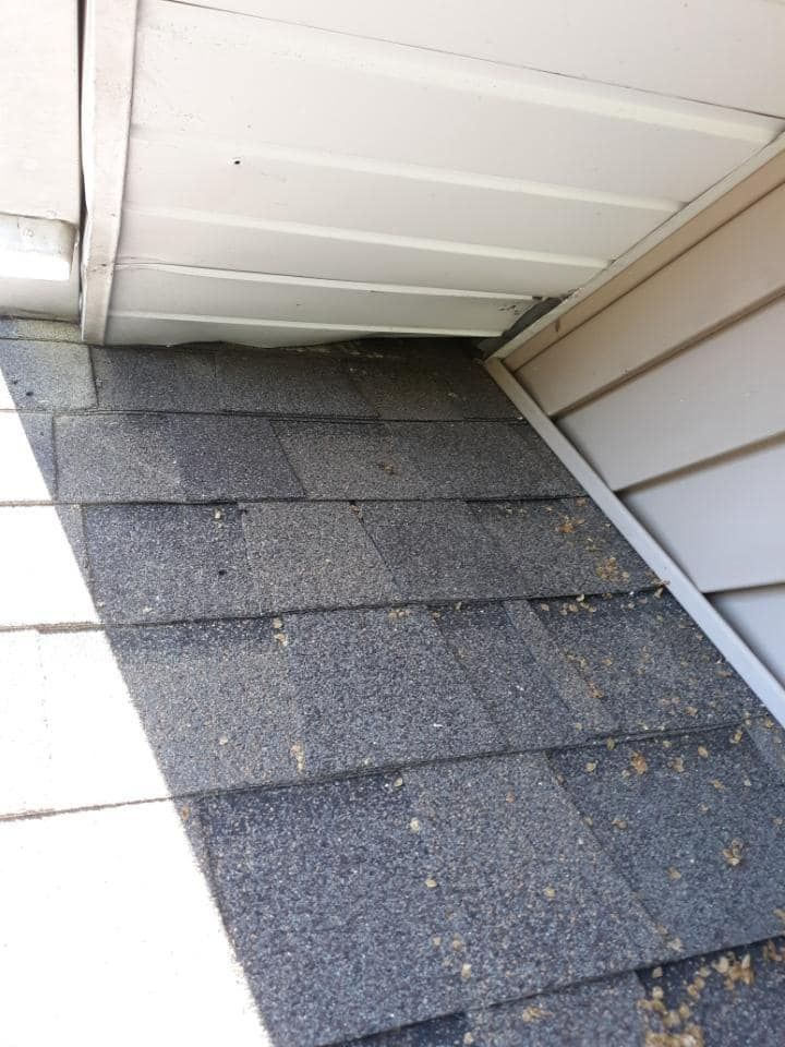A close up of a roof with a house in the background