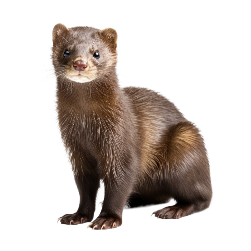 A ferret is sitting down on a white background and looking at the camera.
