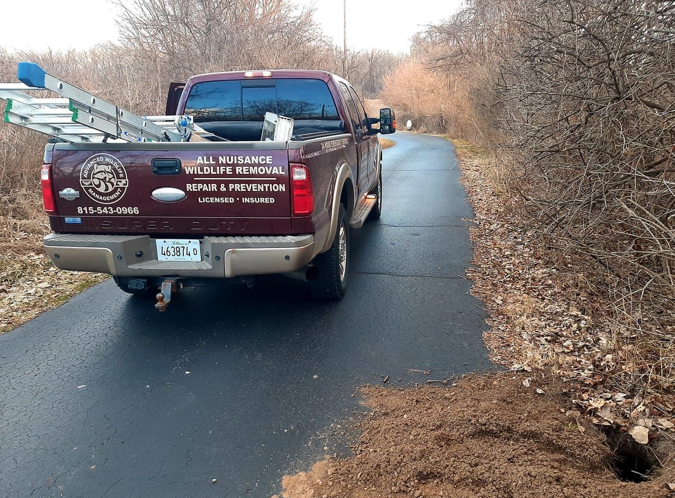 A truck with a ladder in the bed is driving down a road