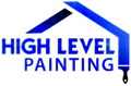 Logo for High Level Painting: blue text and house outline with a paintbrush, on white.