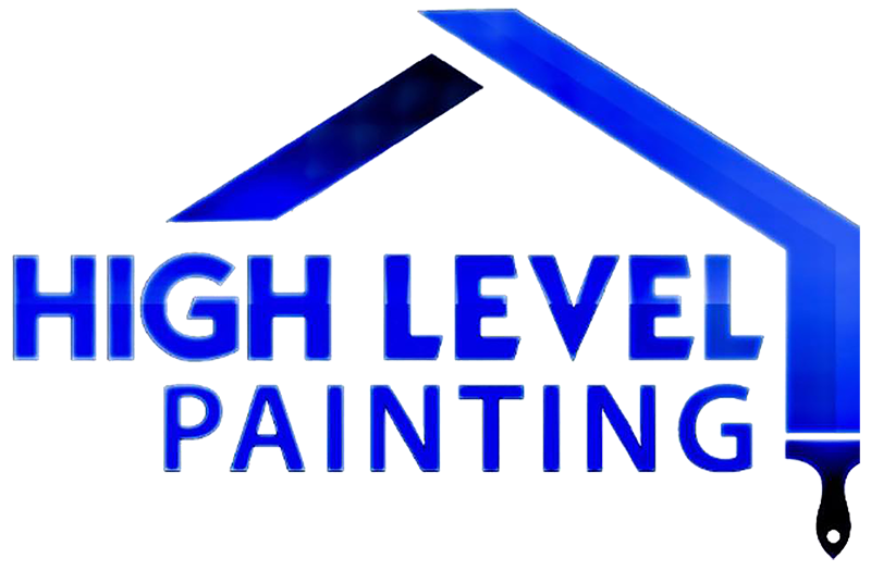 Logo for High Level Painting: blue text and house outline with a paintbrush, on white.