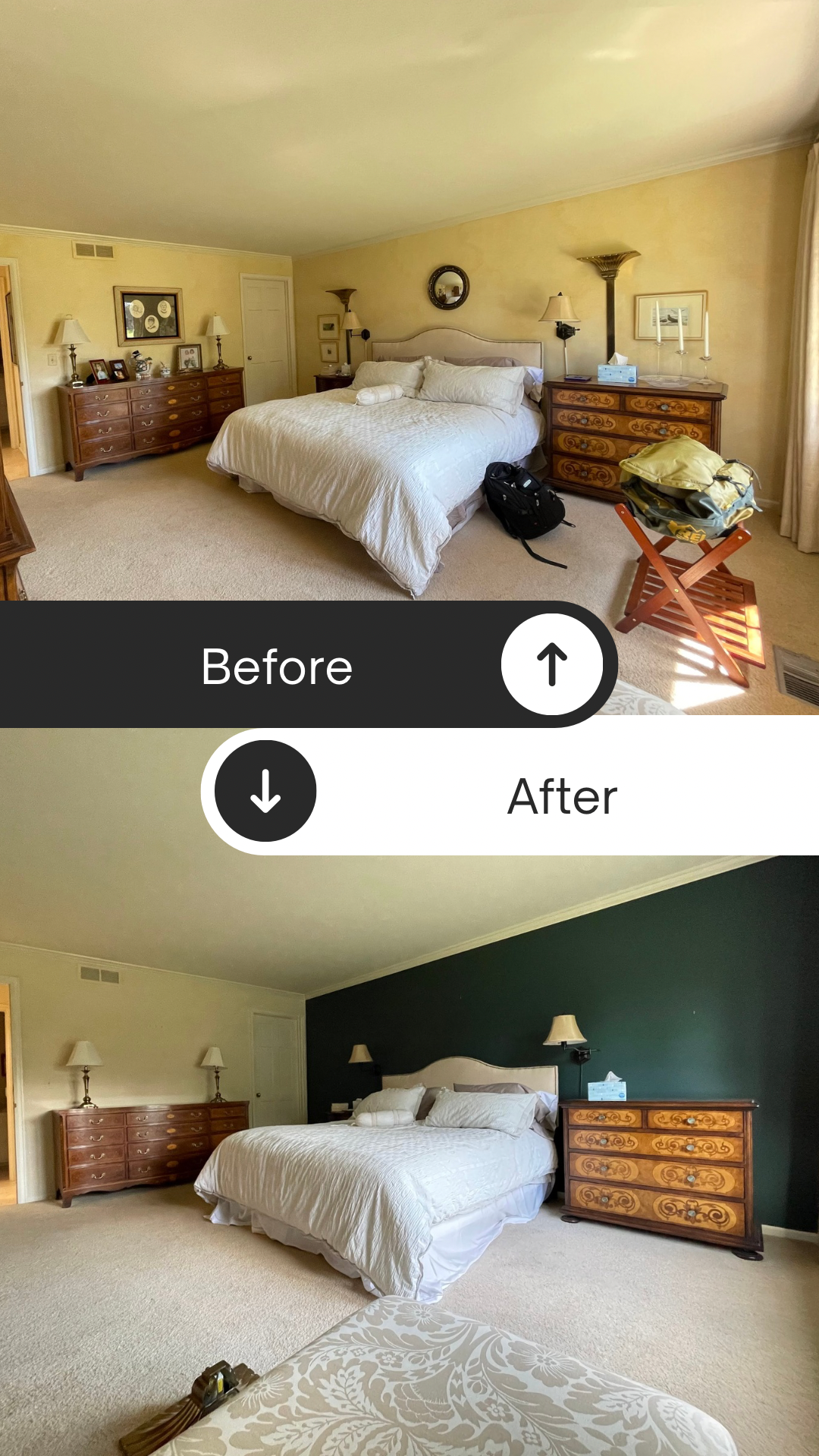 Bedroom makeover comparison: before and after shots. Dark teal accent wall. Light tan walls, same furniture.