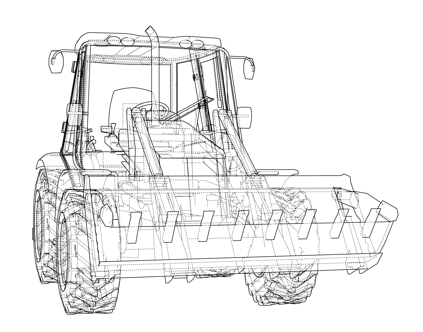 A black and white drawing of a bulldozer on a white background.