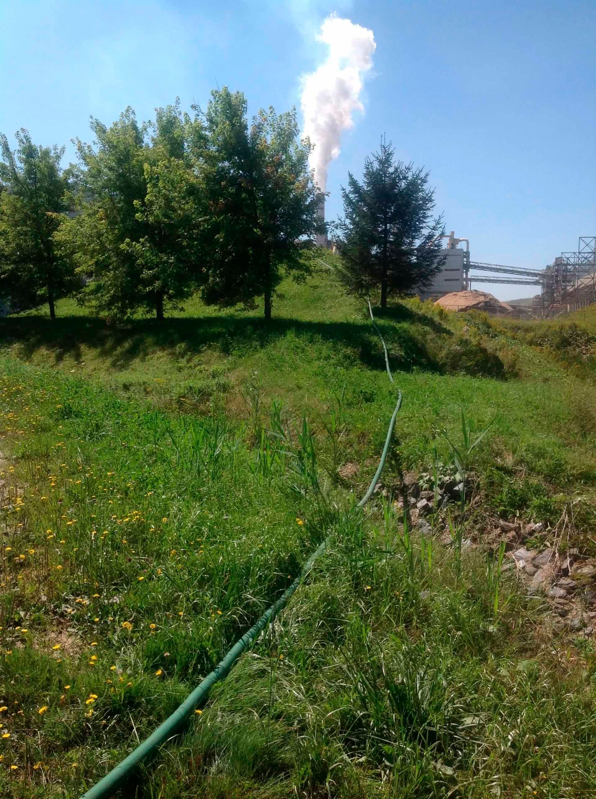 Un tuyau vert se perd dans les hautes herbes, avec des arbres et une usine qui crache de la fumée en arrière-plan.