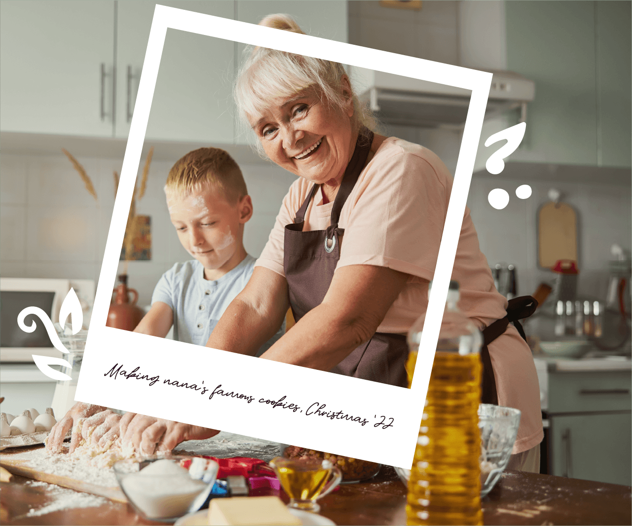 An elderly woman and a young boy are preparing food in a kitchen.