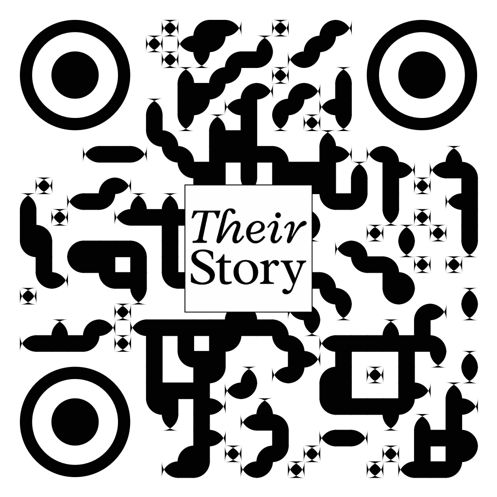 A black and white qr code with the words `` their story '' in a square.