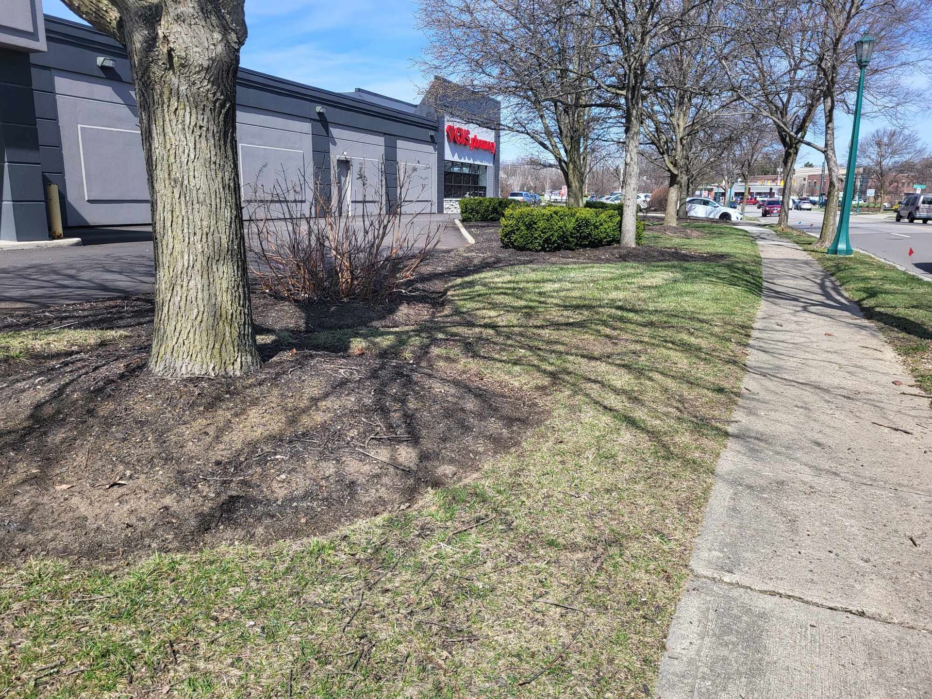 A sidewalk leading to a building with trees in front of it.
