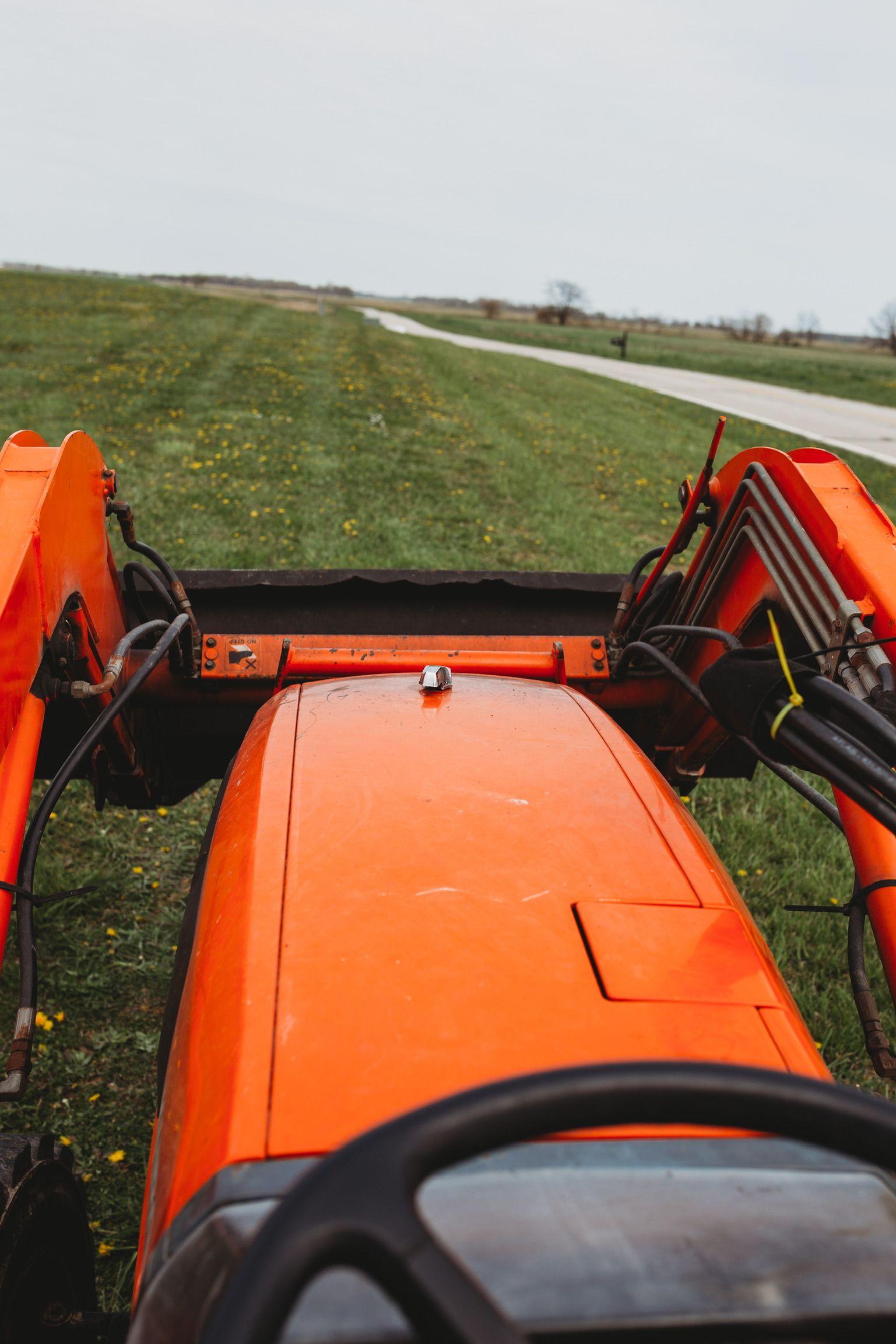 The front of an orange tractor is parked in a grassy field.