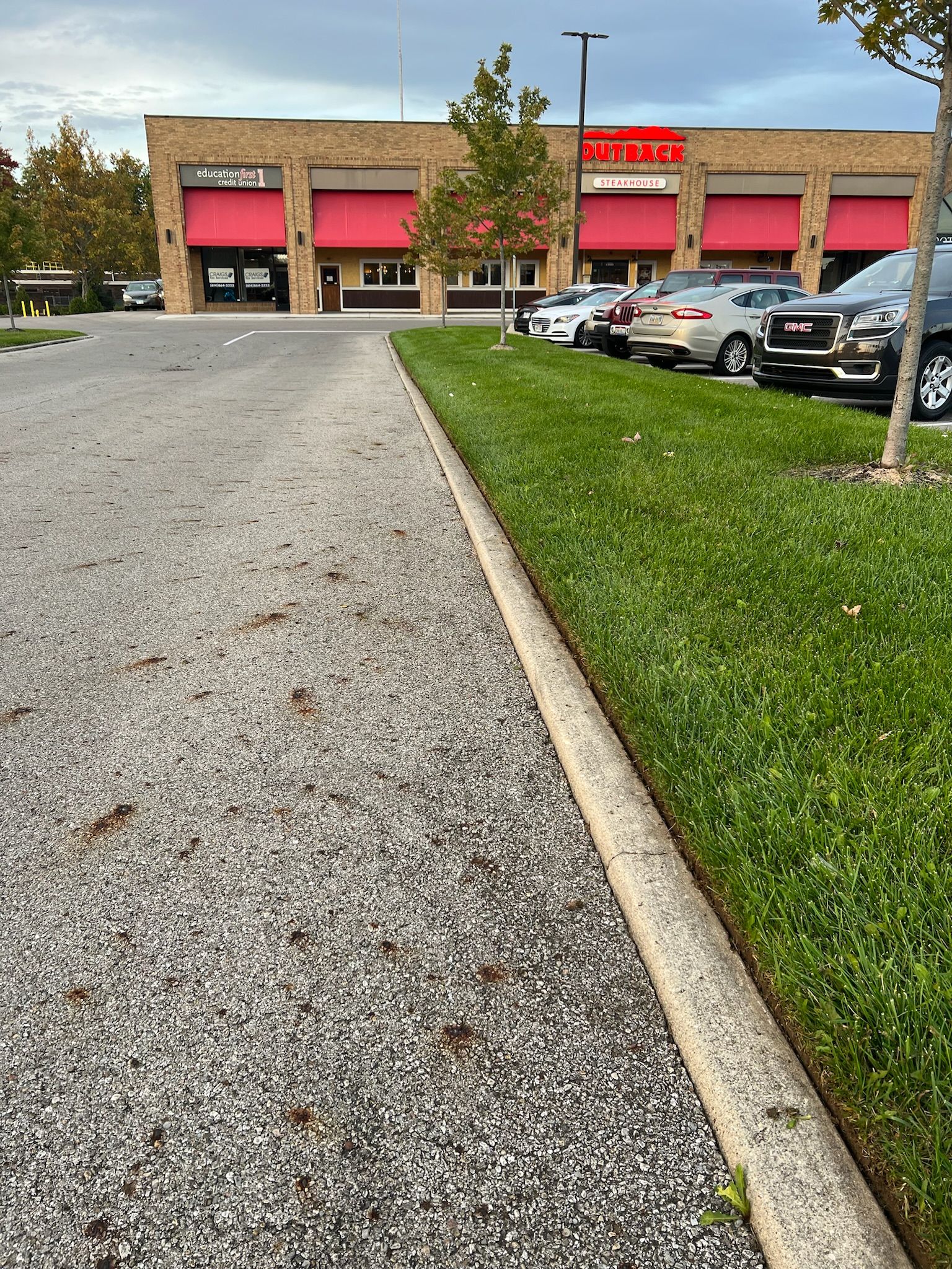 A parking lot with cars parked in front of a building and freshly edged grass