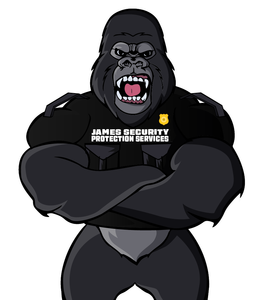 A cartoon gorilla wearing a james security protection service shirt