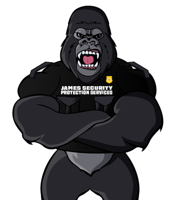 A cartoon gorilla wearing a james security protection service shirt