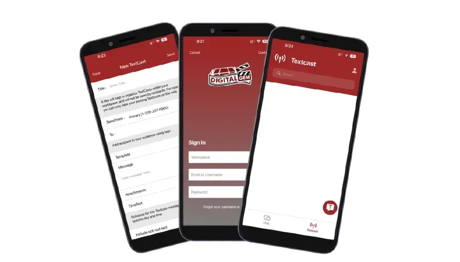 Three mobile phones displaying app screens with a red and white color scheme.