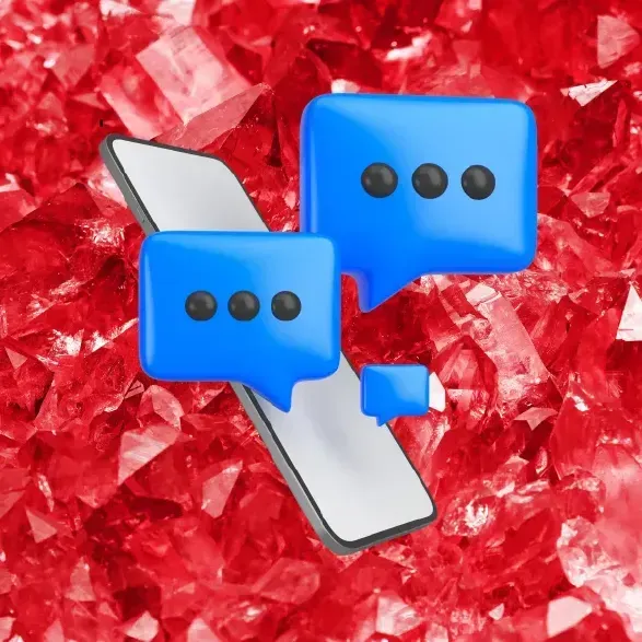 Smartphone with blue chat bubbles against a red crystalline background.