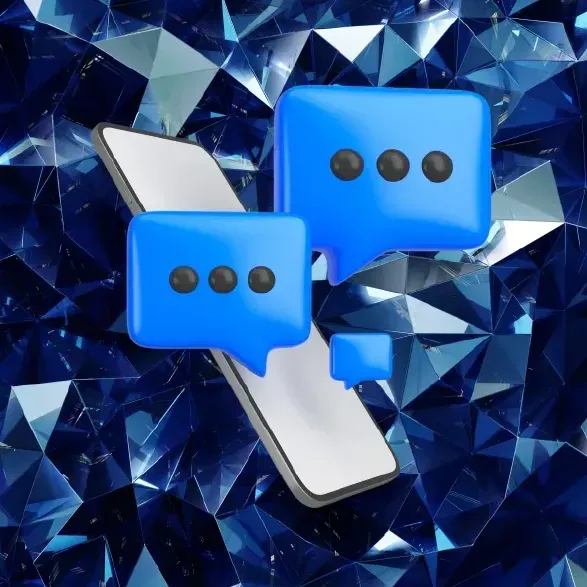 Blue speech bubbles and a phone on a jeweled, blue background, suggesting messaging or communication.