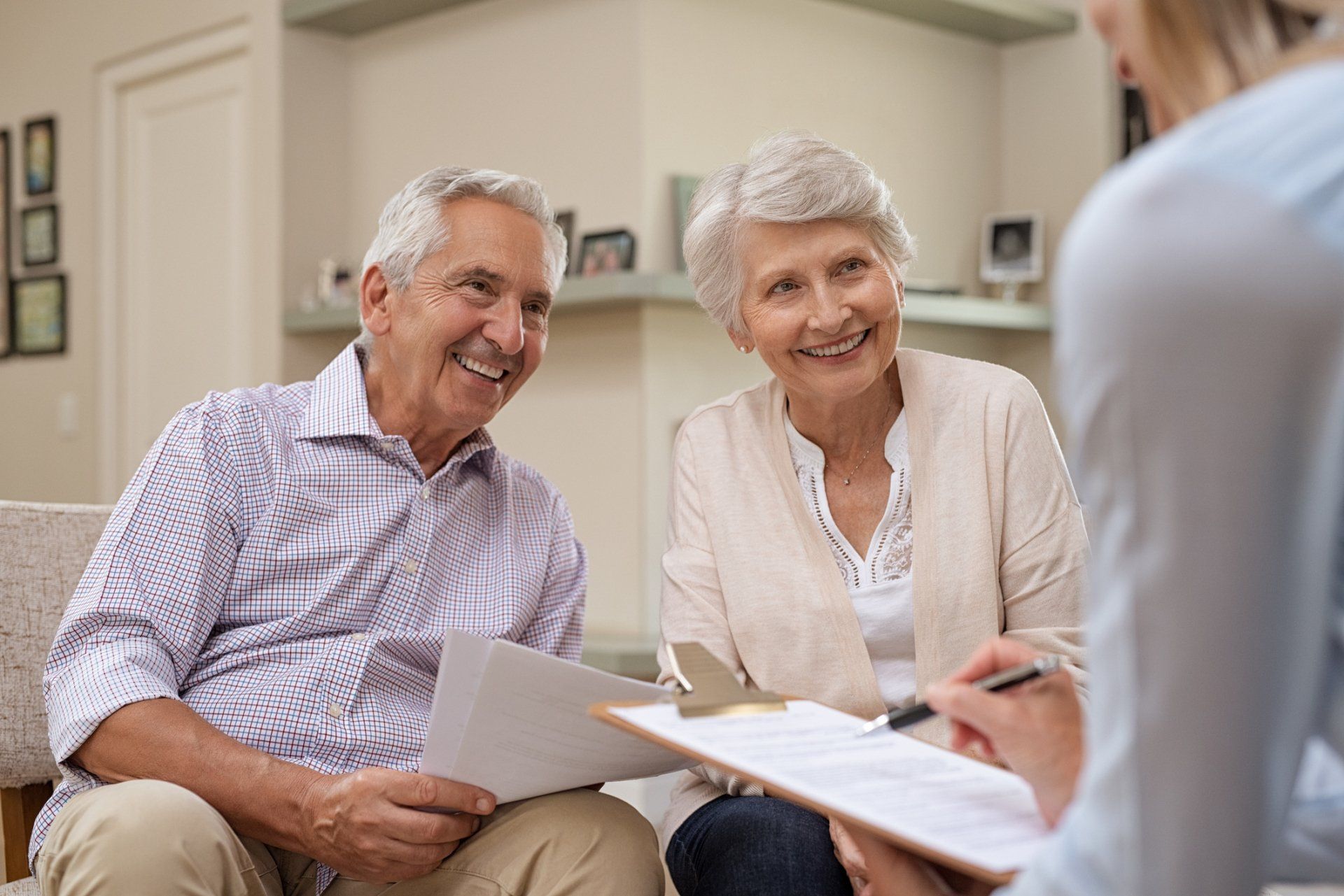An elderly couple discussing their senior insurance plan in Elkhart, IN