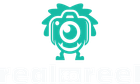 Teal cartoon monster with camera eye and spiky hair, standing with a toothy grin, with the 