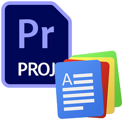 Adobe Premiere Pro project file with text documents of various colors.