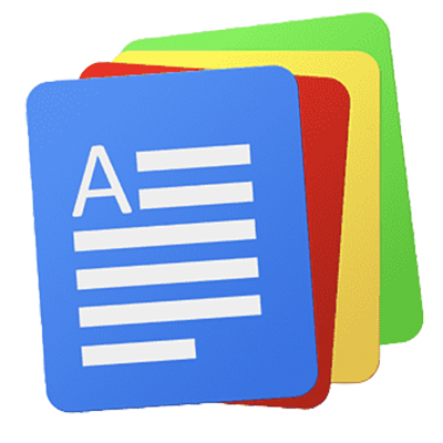 Stacked colorful document icons, likely for a word processing app. Blue icon shows document with white text 