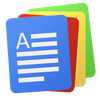 Stacked colorful document icons, likely for a word processing app. Blue icon shows document with white text