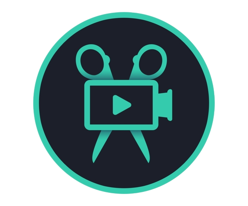 Icon of a teal video camera, scissors, and play button on a dark blue background within a teal circle.