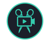 Icon of a teal video camera, scissors, and play button on a dark blue background within a teal circle.