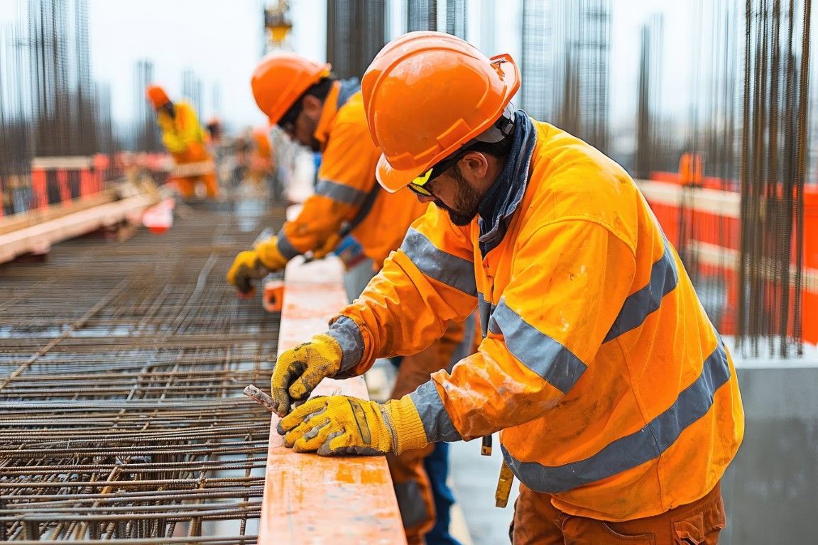 Construction workers in orange jackets and hard hats, working on a bridge, securing metal reinforcement.