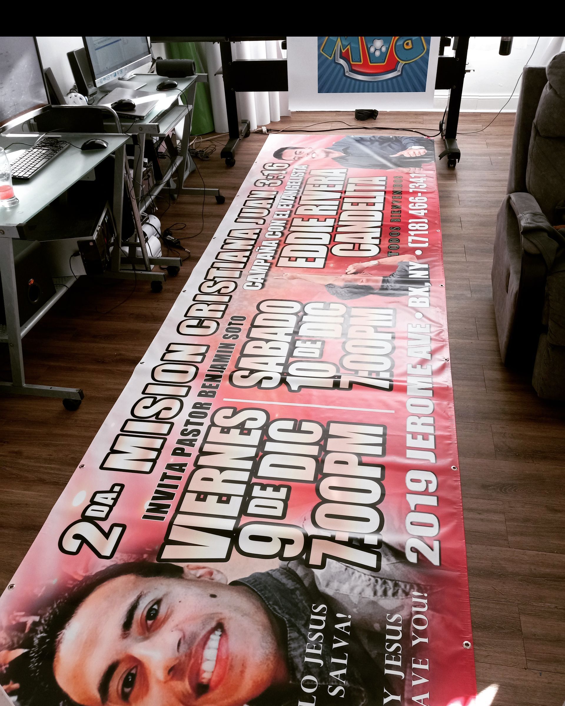 A large banner with a picture of a man on it
