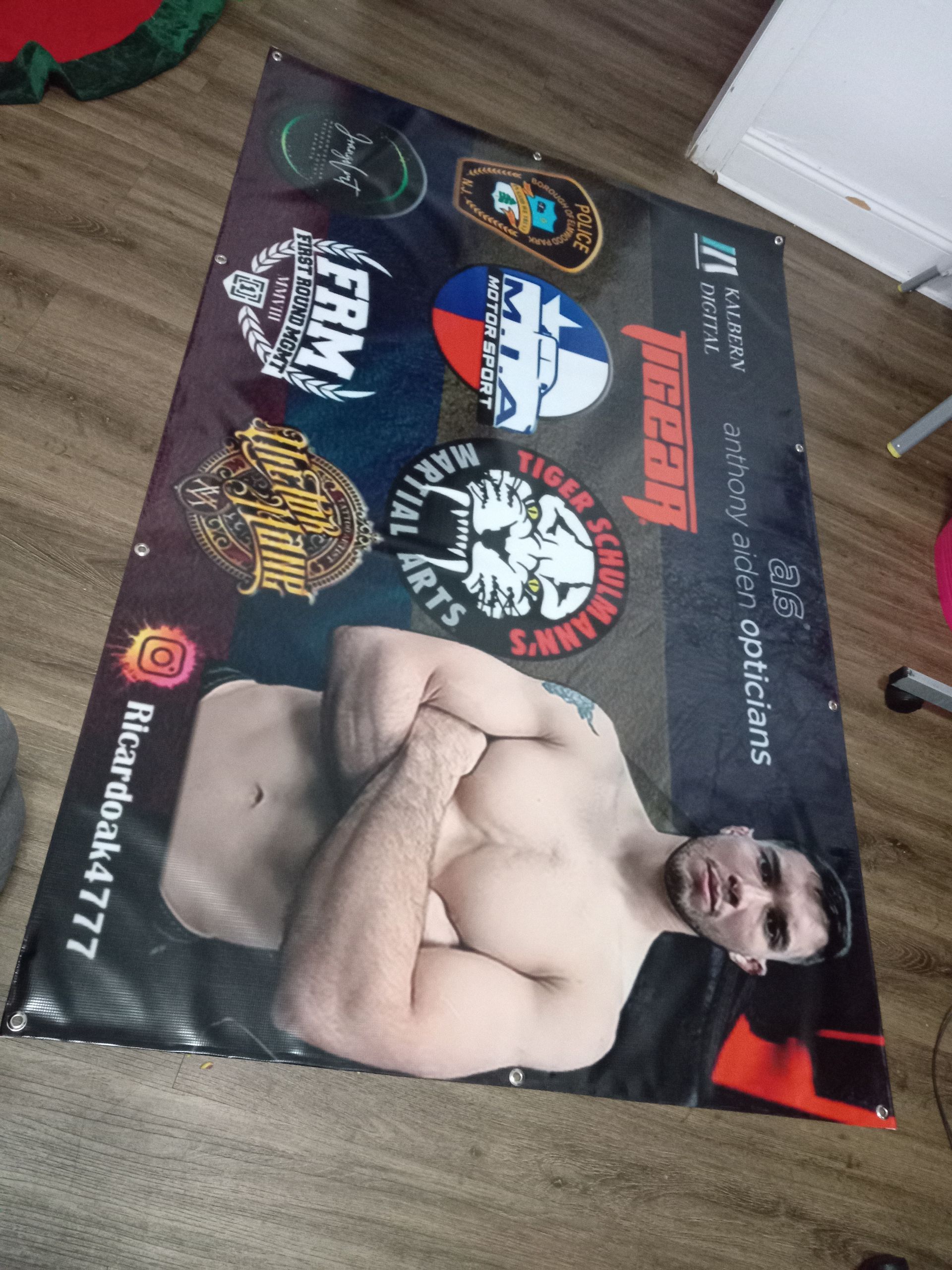 A banner with a picture of a shirtless man on it