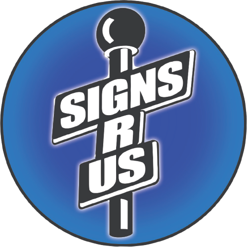 A blue circle with a sign that says signs r us