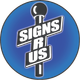 A blue circle with a sign that says signs r us