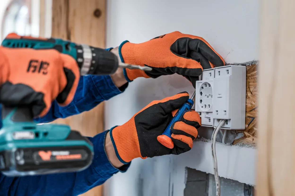 A man is using a drill and a screwdriver to install an electrical outlet.