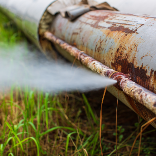 A close up of a rusty pipe with water spraying out of it.