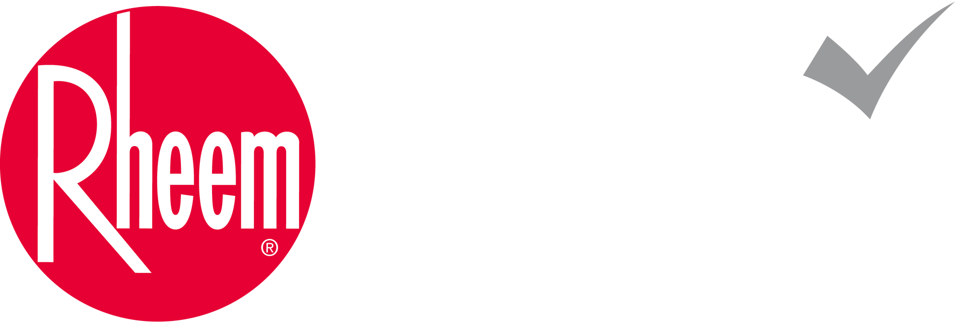 Rheem red logo with a gray checkmark on a white background