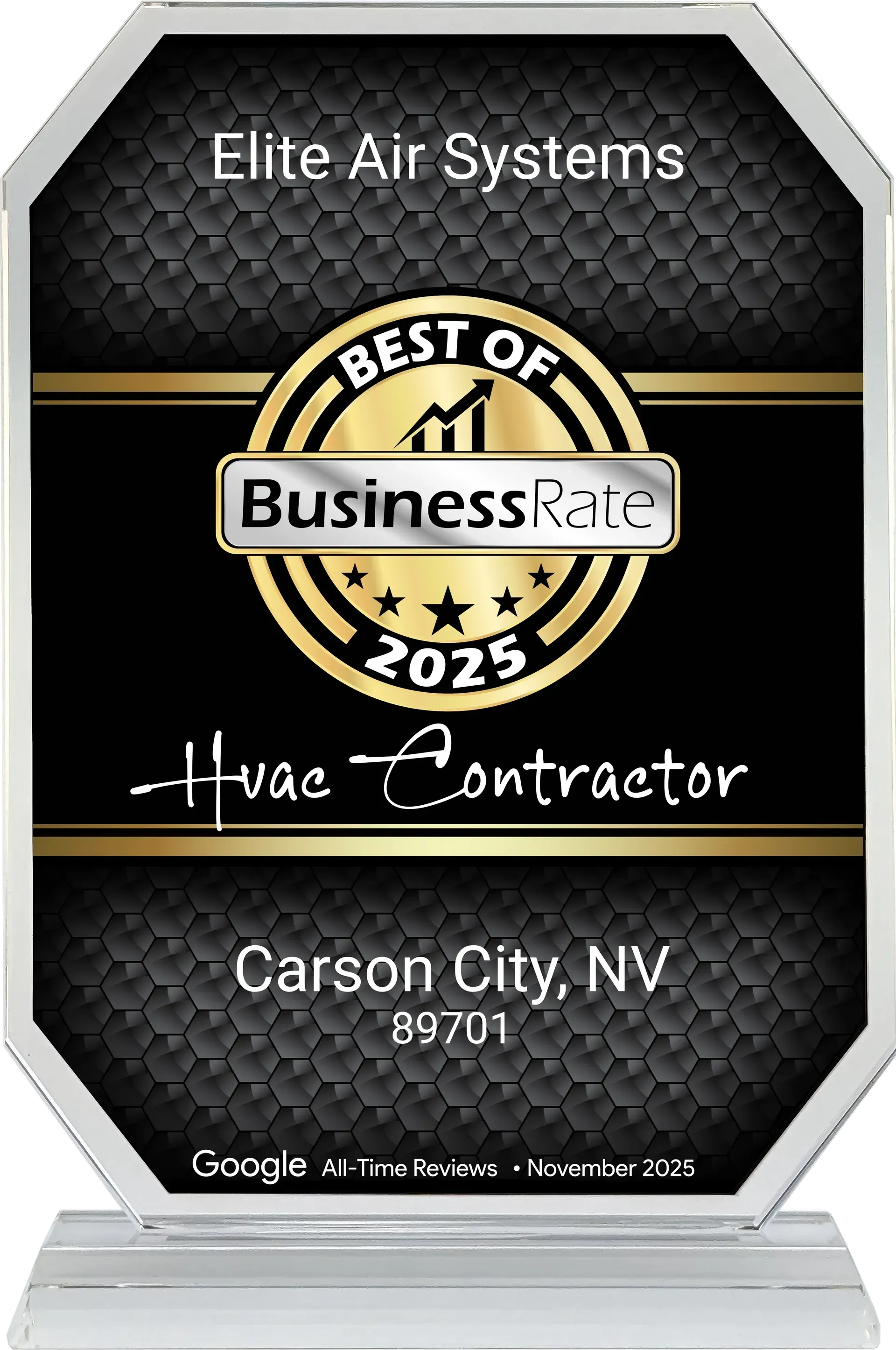 Elite Air Systems Best of BusinessRate 2025 award plaque, Carson City, NV, black and gold trophy