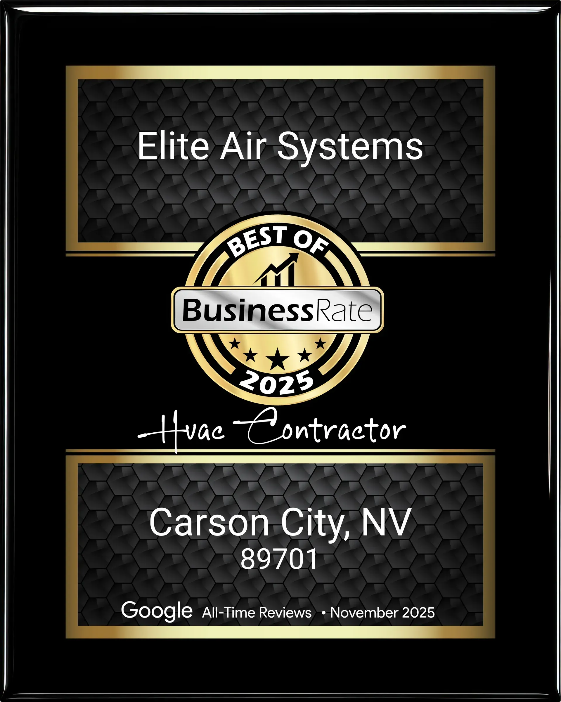 Elite Air Systems plaque with Best of Business 2025 badge for Carson City, NV