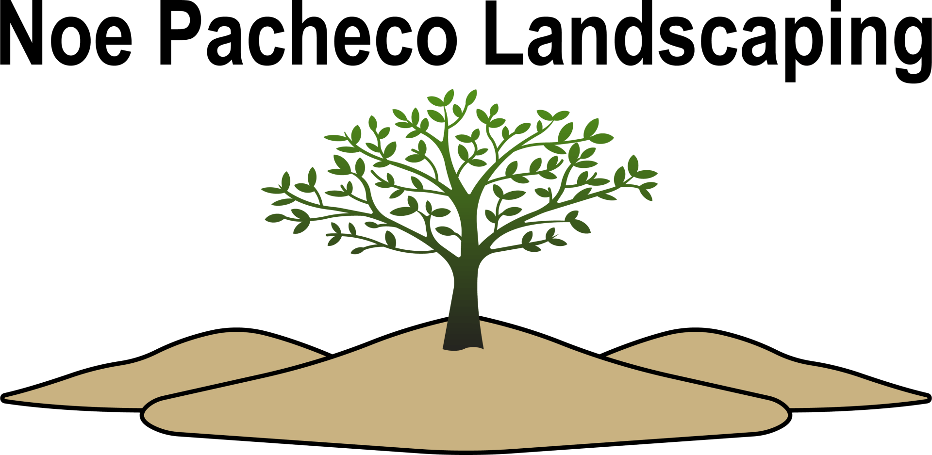 A logo for noe pacheco landscaping with a tree on a hill