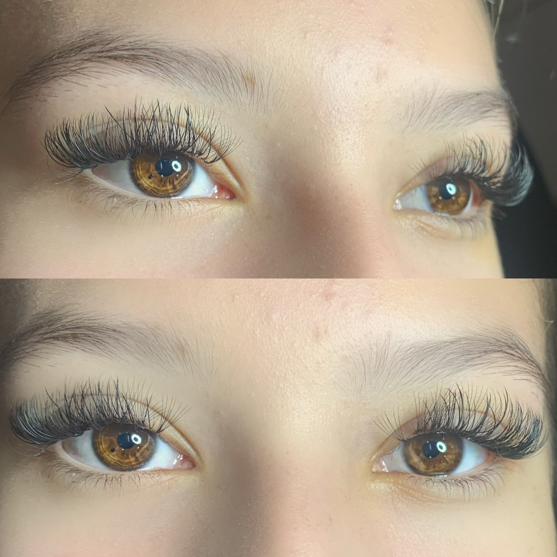 A woman wearing pink gloves is waxing another woman's leg.