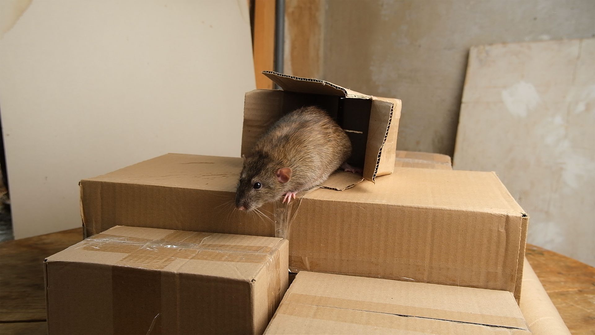 Rat inside a cardboard box perched atop other boxes, indoors.