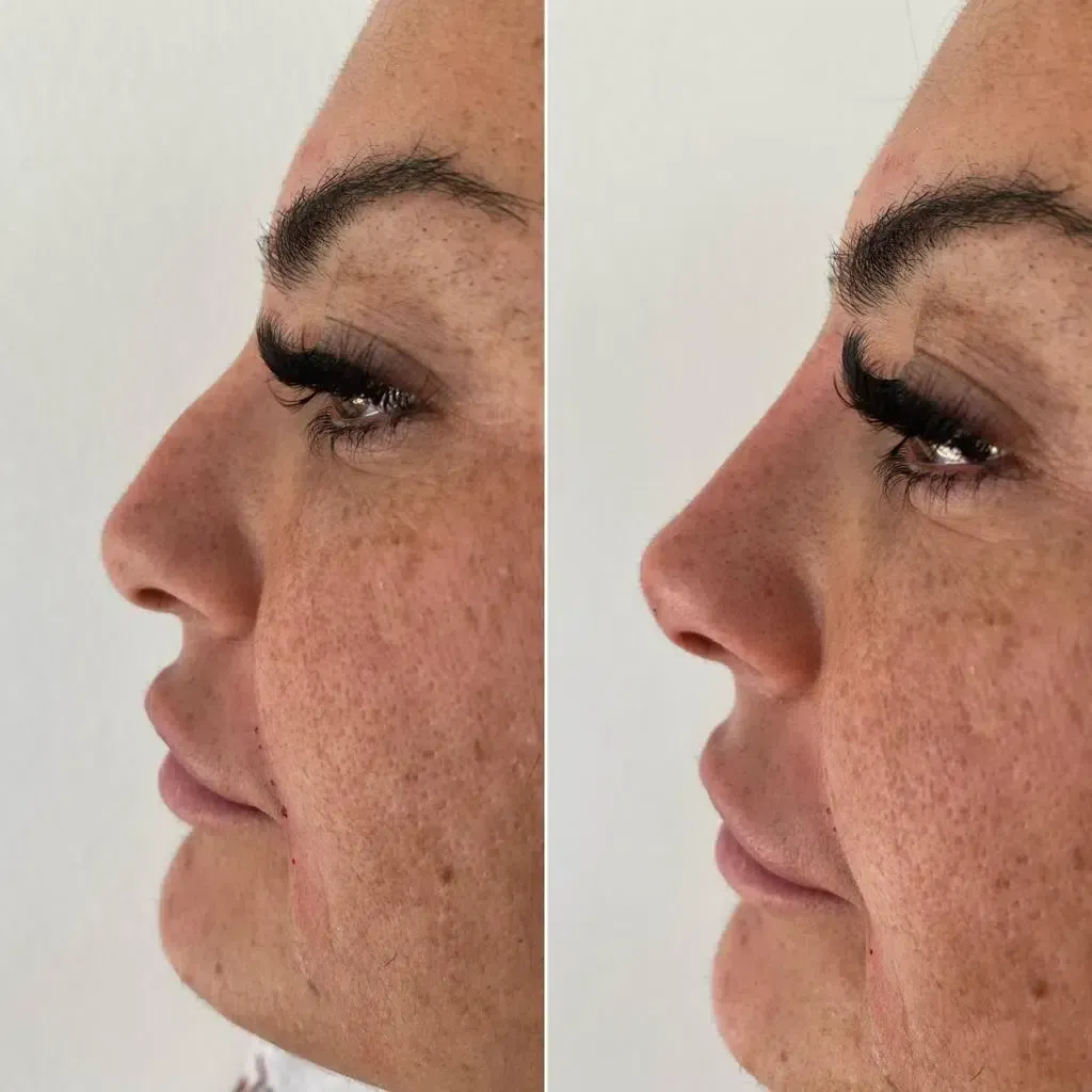 Ein Vorher-Nachher-Bild der Nase einer Frau.