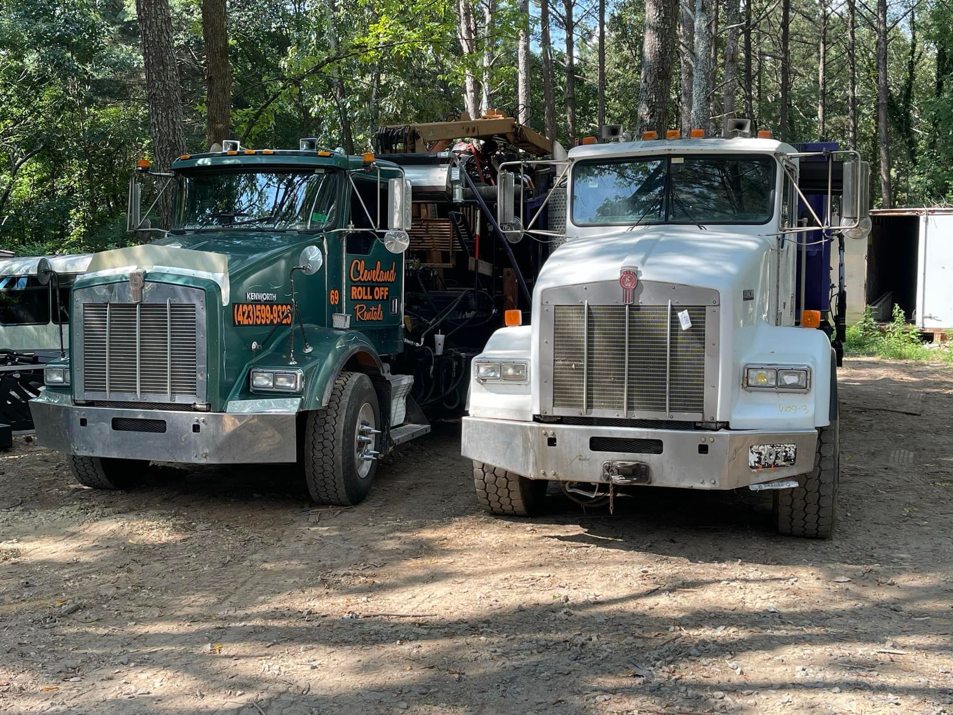 Two Kenworth trucks parked on gravel, one green, one white, near trees.