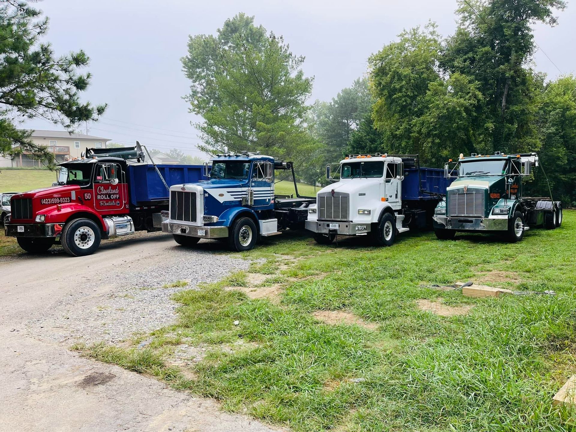 Four dump trucks in a row on grass, each a different color, parked outside in daylight.