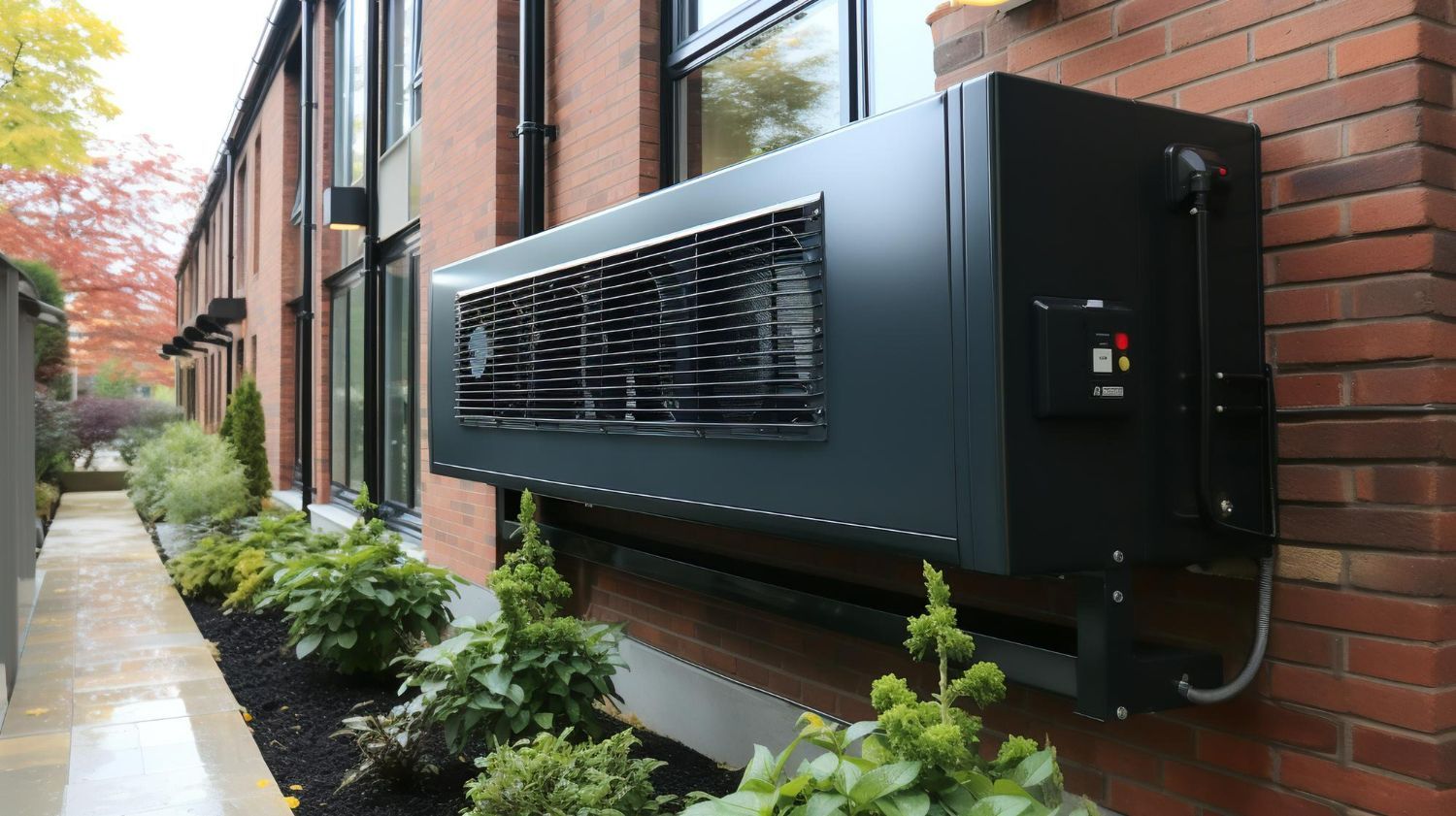 A large black box is mounted on the side of a brick building.